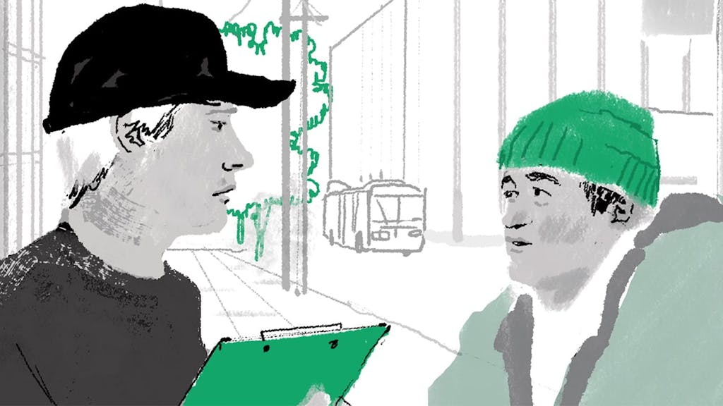 sketch of two people talking.