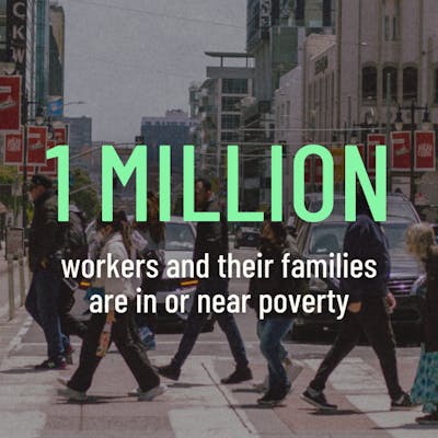 background image of San Francisco city street with text reading 1 million full-time workers and their families are in or near poverty